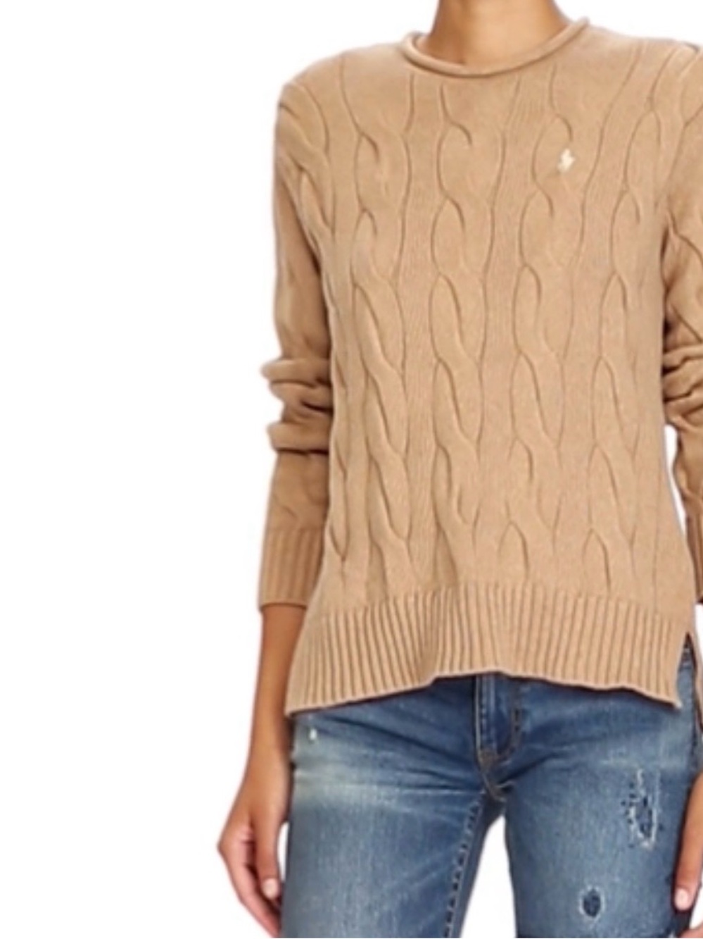 Ralph Lauren Boxy Tan Camel Melange Cable-Knit Rollneck Cotton Sweater Size S - Picture 2 of 8